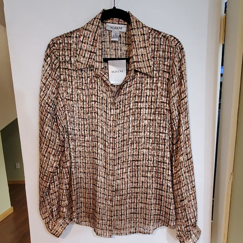 Alfani Square Pattern Tan Sheer Blouse Size 16 NWT